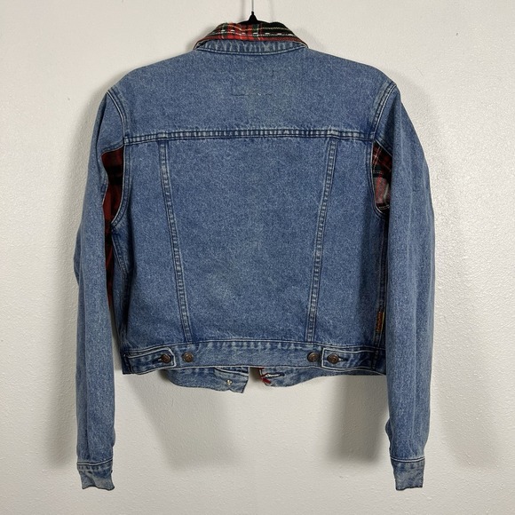 Jordache Original 90's Denim Jacket Plaid Patchwork Custom Red Stitching Size M - Picture 2 of 14